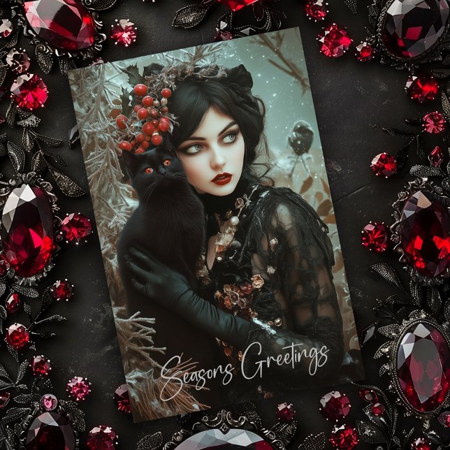 Gothic Woman with Black Cat Christmas Card (Creator Uploaded)