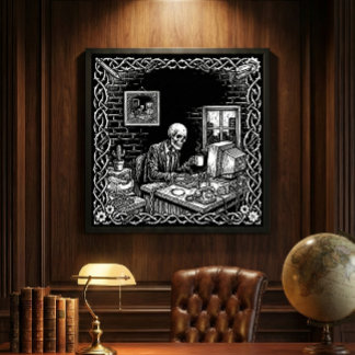 Gothic Woodcut Skeleton Office Burnout Dark Humor Canvas Print