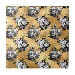 Gothic Yellow Flower Leaves Floral Illustration Ceramic Tile