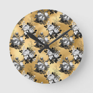Gothic Yellow Flower Leaves Floral Illustration Round Clock