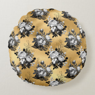 Gothic Yellow Flower Leaves Floral Illustration Round Cushion