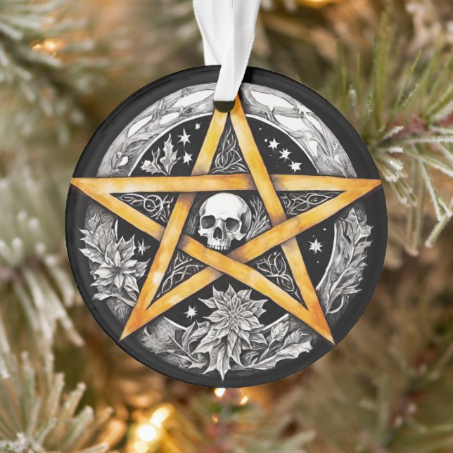 Gothic Yule Tree Pentacle & Skull Black & White Ornament (Tree)