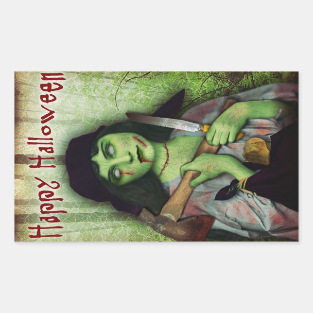 Gothic Zombie Girl Halloween Horror Rectangular Sticker (Front)