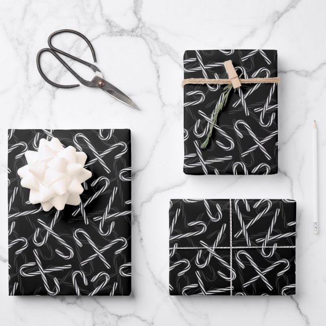 Gothmas Black and White Candy Cane Pattern Wrapping Paper Sheet (Front)