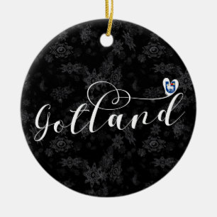 Gotland Flag Heart Script Design, Sweden Ceramic Ornament
