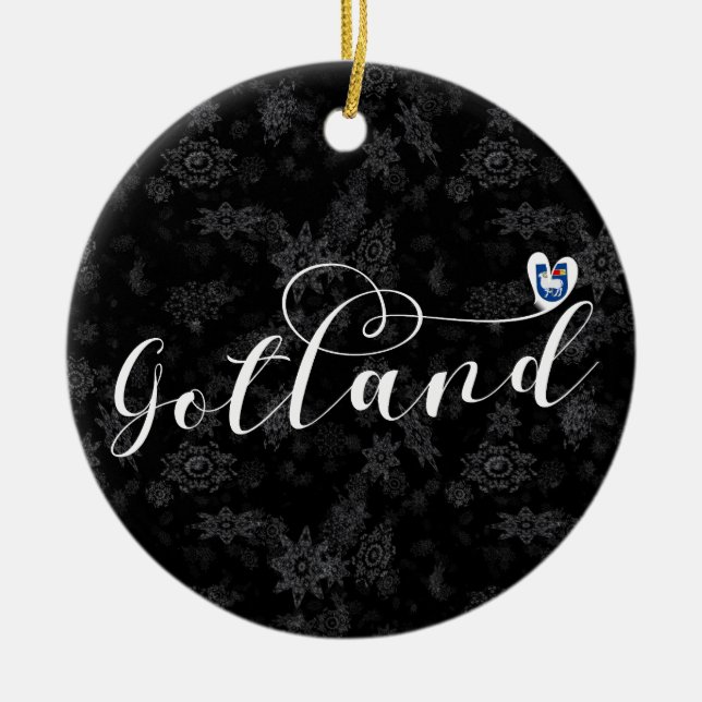 Gotland Flag Heart Script Design, Sweden Ceramic Ornament (Front)