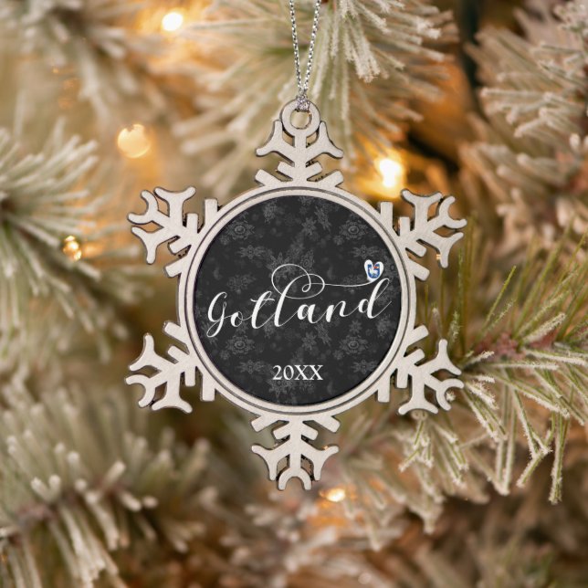 Gotland Flag Heart Script Design, Sweden Snowflake Pewter Christmas Ornament (Tree)