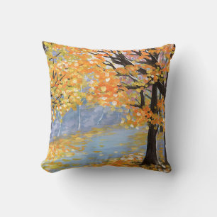 Gouache autumn landscape. Golden fall in an empty Cushion