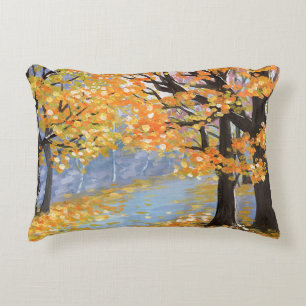 Gouache autumn landscape. Golden fall in an empty Decorative Cushion