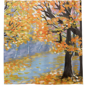 Gouache autumn landscape. Golden fall in an empty  Shower Curtain