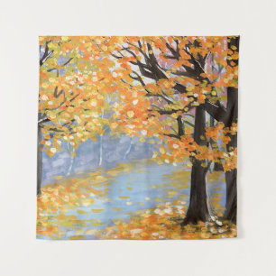 Gouache autumn landscape. Golden fall in an empty  Tapestry