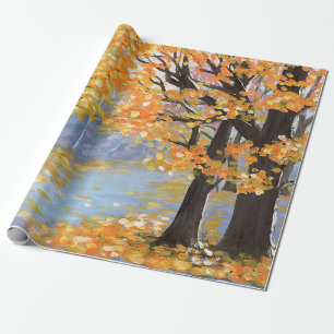 Gouache autumn landscape. Golden fall in an empty  Wrapping Paper
