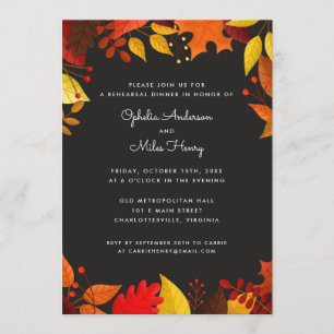 Gouache Autumn Leaves on Black Rehearsal Dinner Invitation