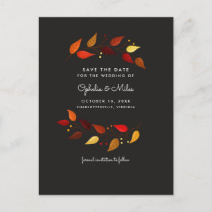 Gouache Autumn Leaves on Black Save the Date Announcement Postcard