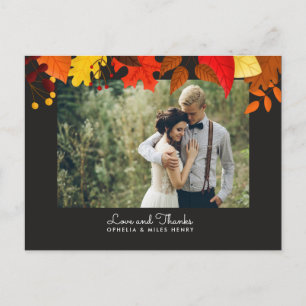 Gouache Autumn Leaves on Black Wedding Thank You Postcard