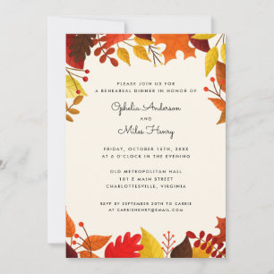 Gouache Autumn Leaves Wedding Rehearsal Dinner Invitation