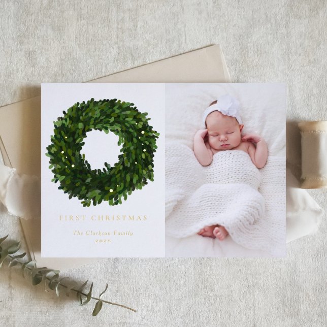 Gouache Boxwood Wreath First Baby Christmas Photo Foil Holiday Card (Creator Uploaded)