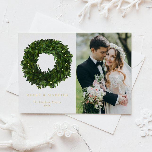 Gouache Boxwood Wreath Newlywed Christmas Photo Foil Holiday Postcard (Creator Uploaded)