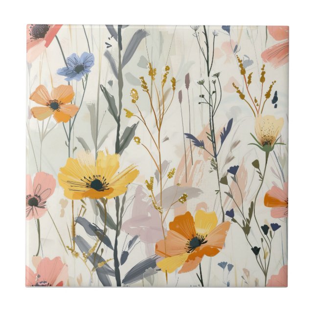 Gouache Meadow Flowers Pattern Ceramic Tile (Front)