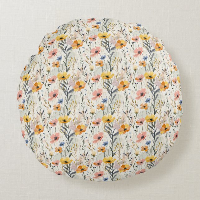 Gouache Meadow Flowers Pattern Round Cushion (Front)