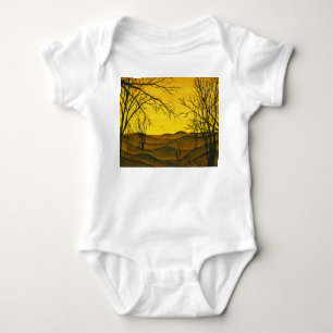 Gouache painting: yellow sky, brown. baby bodysuit