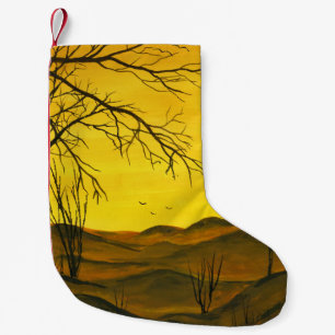 Gouache painting: yellow sky, brown. small christmas stocking