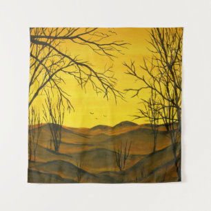 Gouache painting: yellow sky, brown. tapestry