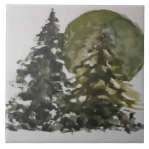 Gouache Pine Trees in Front of Sun Landscape Ceramic Tile