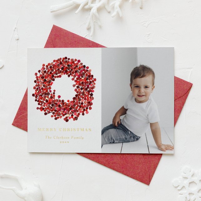 Gouache Red Winterberry Wreath Photo Christmas Foil Holiday Card (Creator Uploaded)