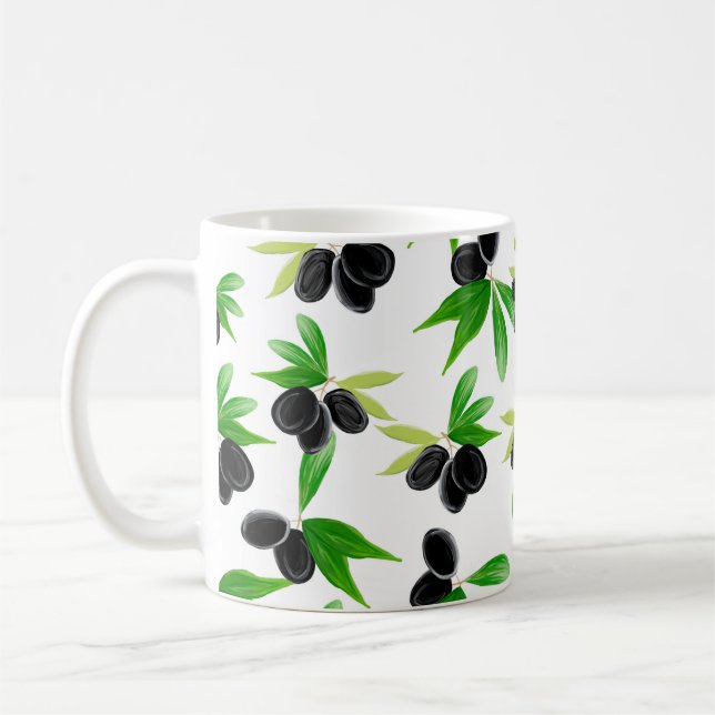 Gouache seamless pattern with olive tree branch, l coffee mug (Left)