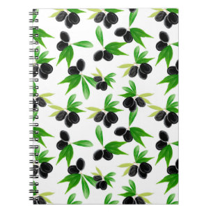 Gouache seamless pattern with olive tree branch, l notebook