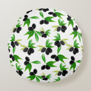 Gouache seamless pattern with olive tree branch, l round cushion