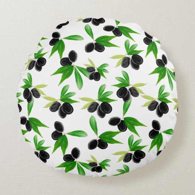 Gouache seamless pattern with olive tree branch, l round cushion (Front)
