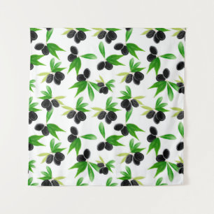 Gouache seamless pattern with olive tree branch, l tapestry