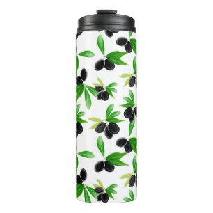 Gouache seamless pattern with olive tree branch, l thermal tumbler