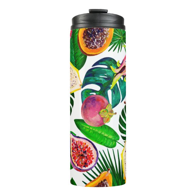 Gouache seamless pattern with tropic leaves and fr thermal tumbler (Front)