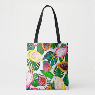 Gouache seamless pattern with tropic leaves and fr tote bag