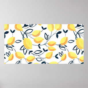 Gouache seamless pattern with yellow lemons and le poster