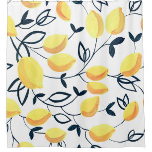 Gouache seamless pattern with yellow lemons and le shower curtain