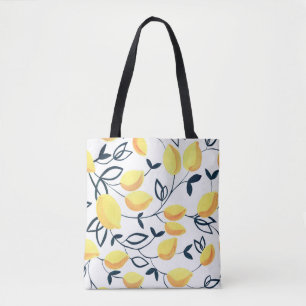 Gouache seamless pattern with yellow lemons and le tote bag