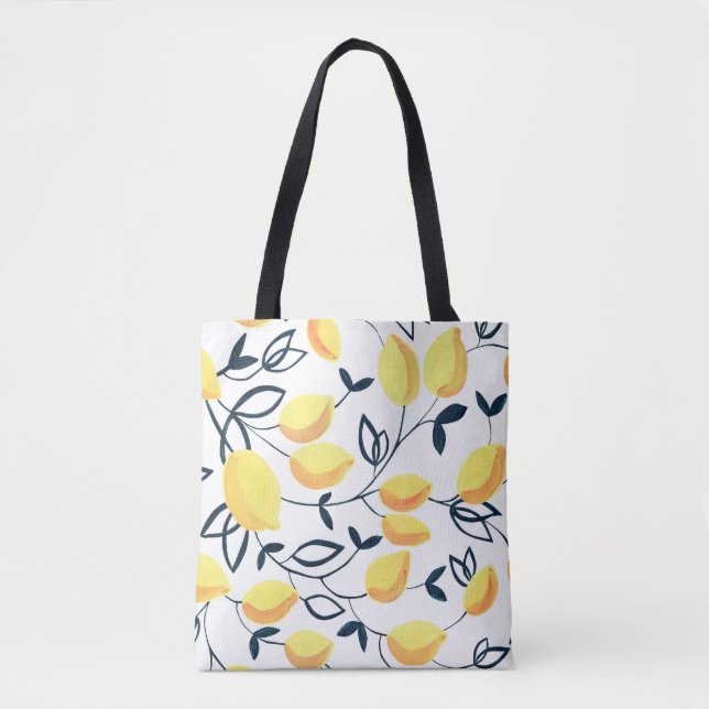 Gouache seamless pattern with yellow lemons and le tote bag (Front)