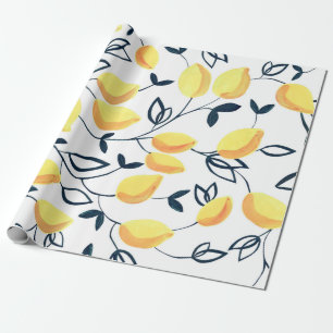 Gouache seamless pattern with yellow lemons and le wrapping paper