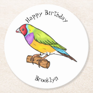 Gouldian finch bird cartoon illustration round paper coaster