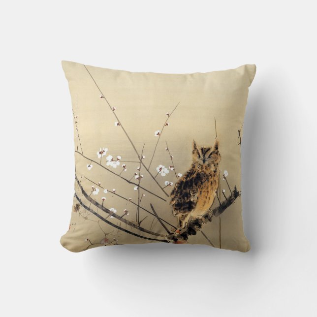 Goun Owl with Early Plum Blossoms Woodblock Cushion (Front)