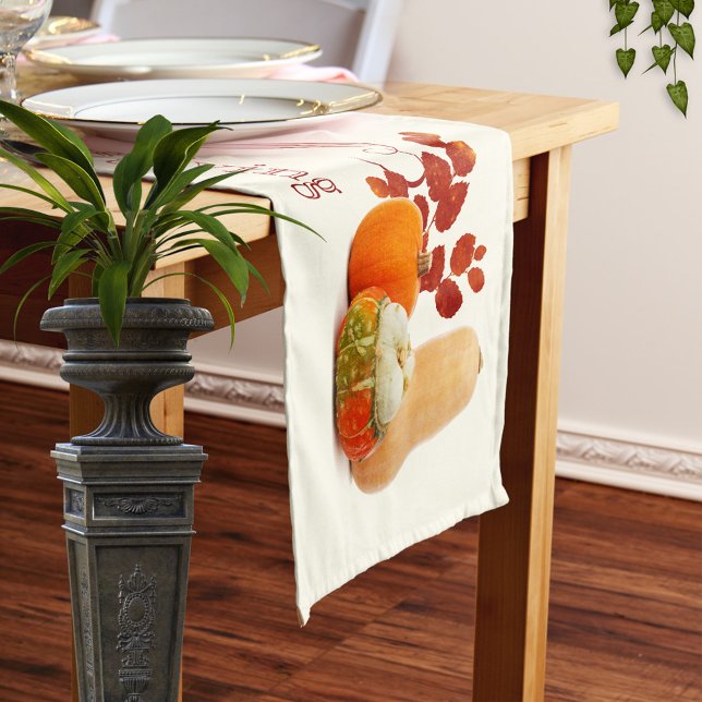 Gourds Thanksgiving Fall Table Runner (Thanksgiving table runner with an image of gourds and fall leaves.)