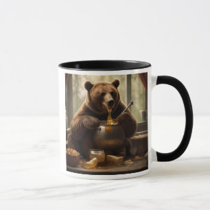 Gourmet bears eating a jar of jam. mug