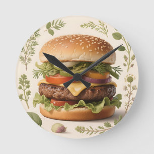 Gourmet Cheeseburger Illustration Round Clock
