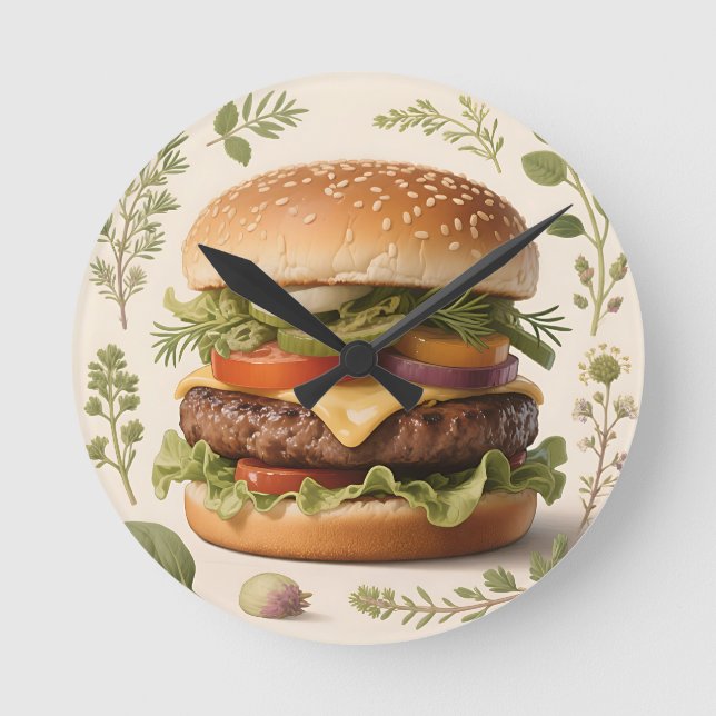Gourmet Cheeseburger Illustration Round Clock (Front)