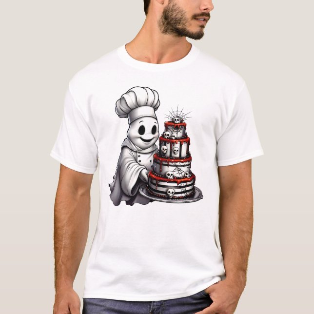 Gourmet Chef Ghost with Spooky Skull Cake Hallowee T-Shirt (Front)