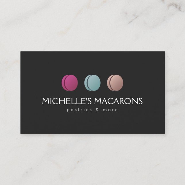 Gourmet French Macaron Trio Logo Bakery, Cafe Business Card (Front)